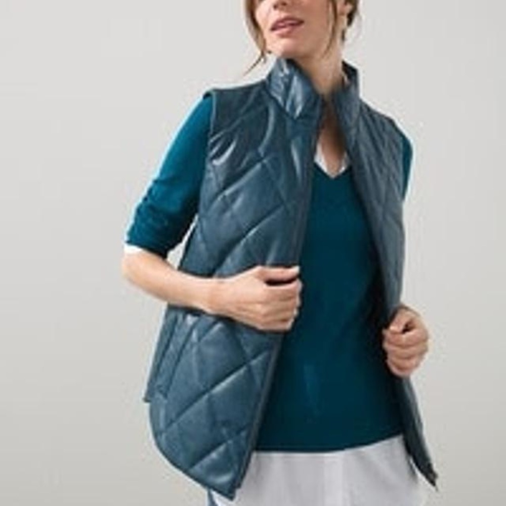 Chico’s Faux Leather Quilted Vest – Deep Teal Blue, Zip Front- Worn once
